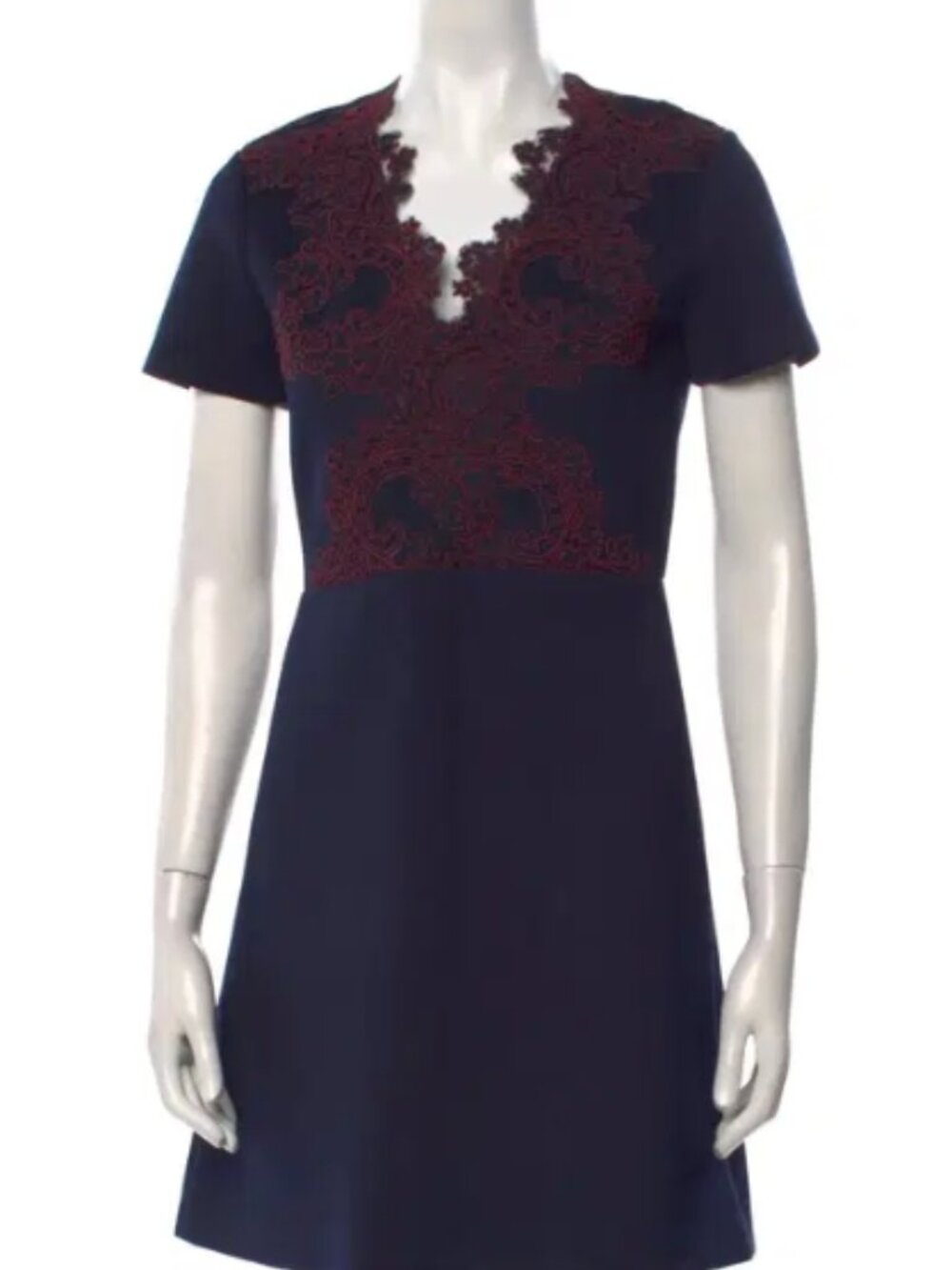 Sandro navy mini dress with burgundy lace applique